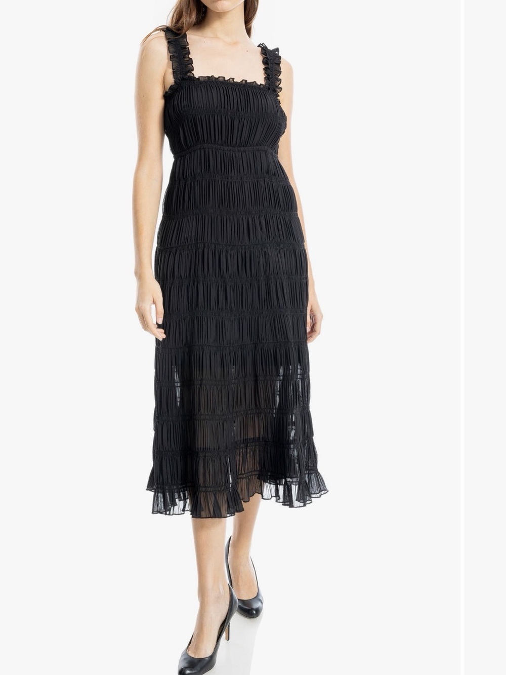 Max Studio Black Smocked Midi Dress with Ruffle Straps